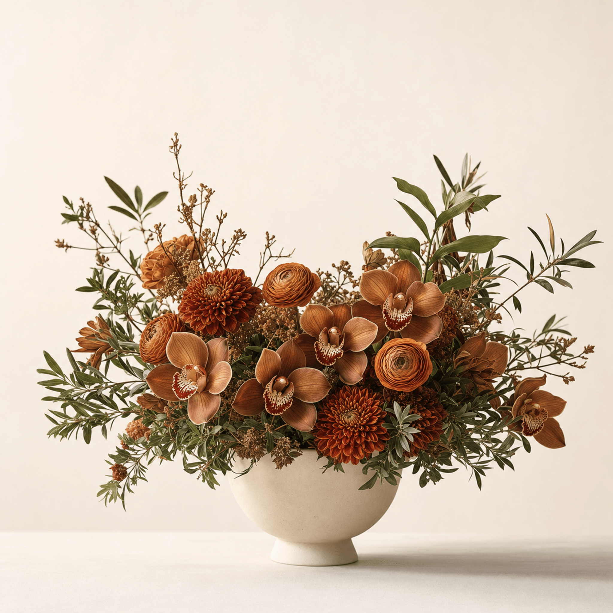 Rust and bronze cymbidium orchids, ranunculus and chrysanthemums arranged in a cream ceramic bowl