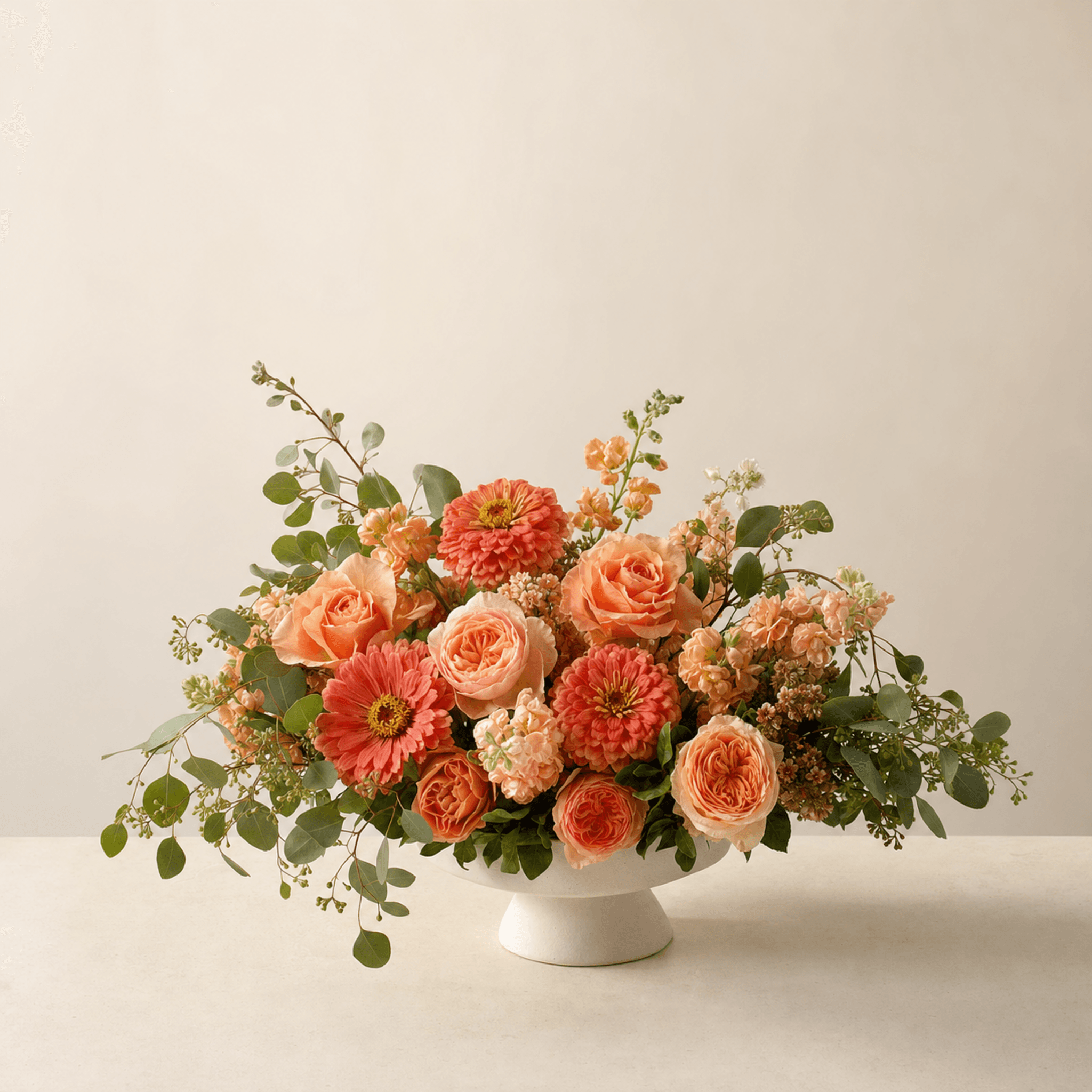 Peach garden roses, coral zinnias and gerberas in a white footed ceramic bowl with eucalyptus