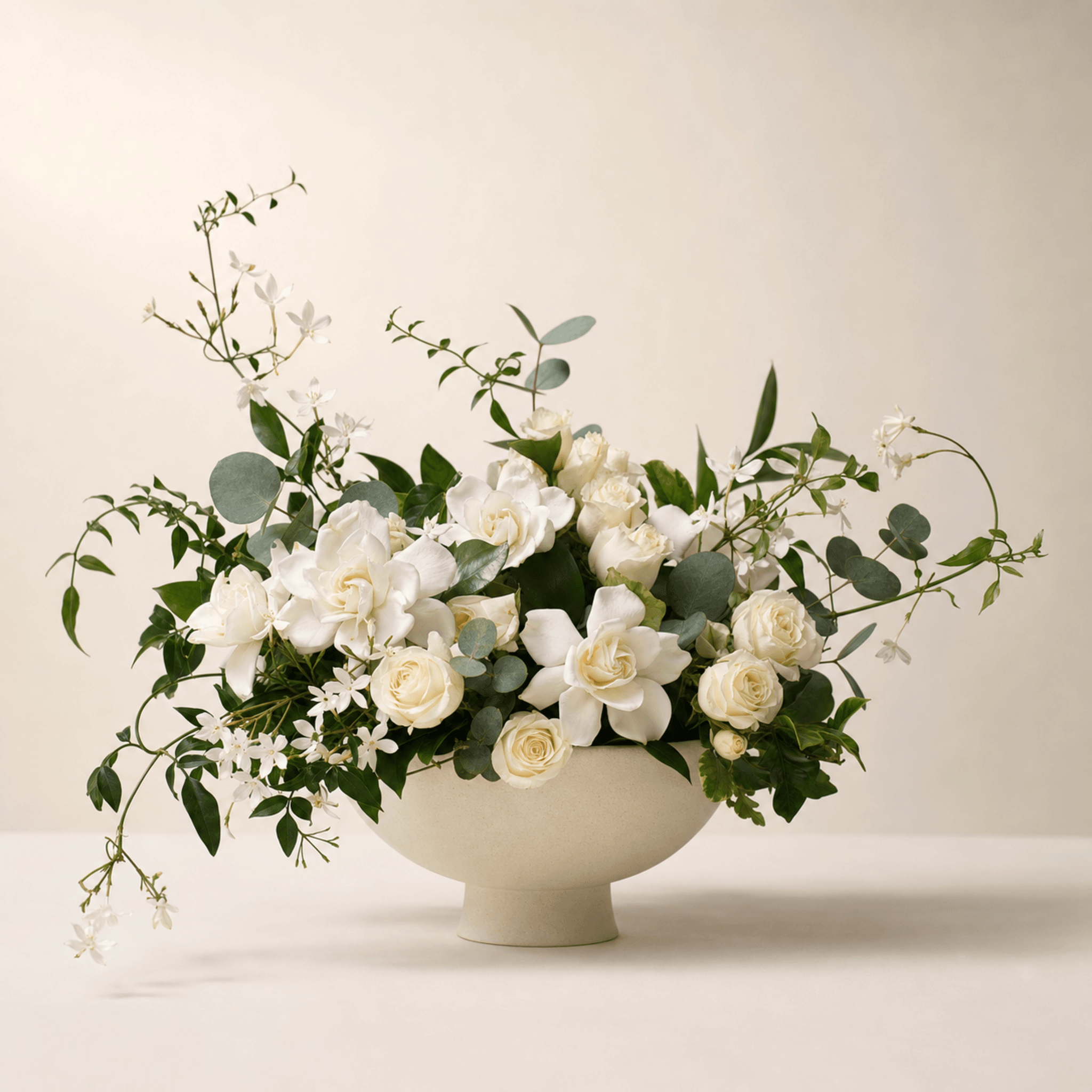 Cream roses, white gardenias and jasmine with eucalyptus in a matte stone pedestal bowl