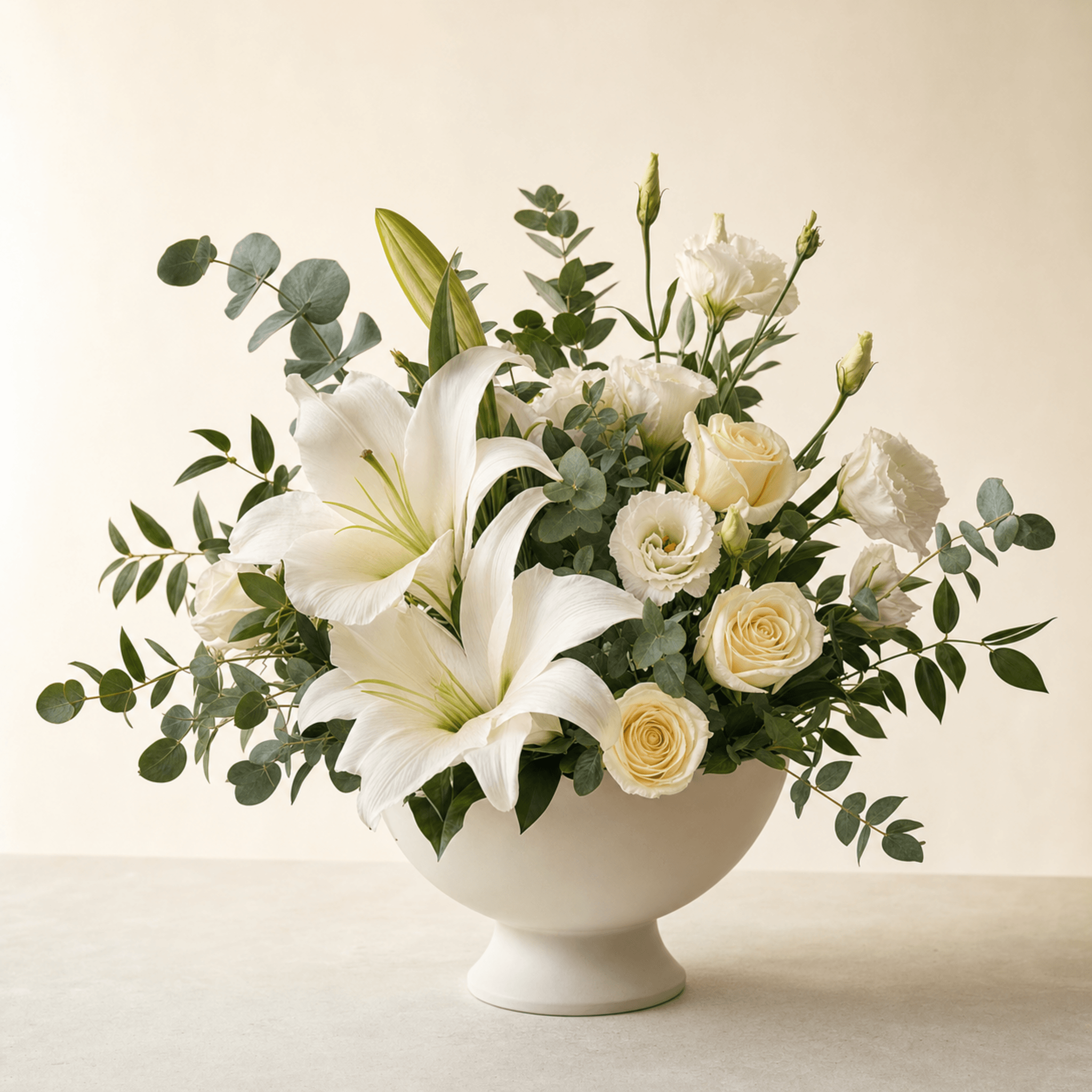 White oriental lilies, cream roses, white lisianthus and eucalyptus in a white pedestal bowl