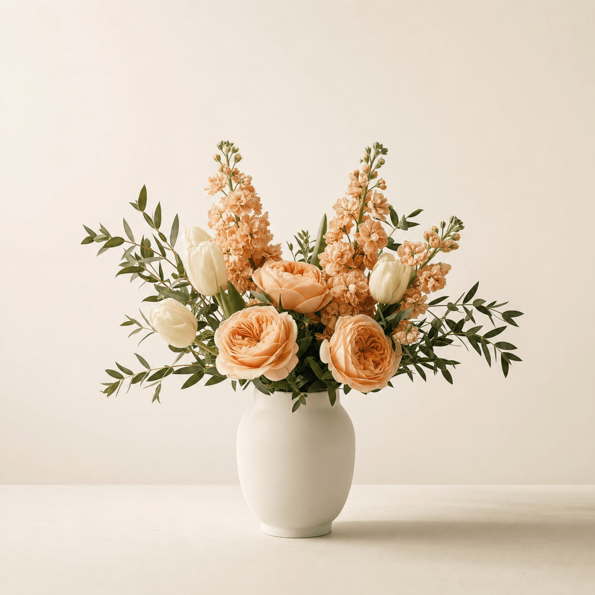 Peach garden roses, white tulips and blush stock spires arranged in a white ceramic vase