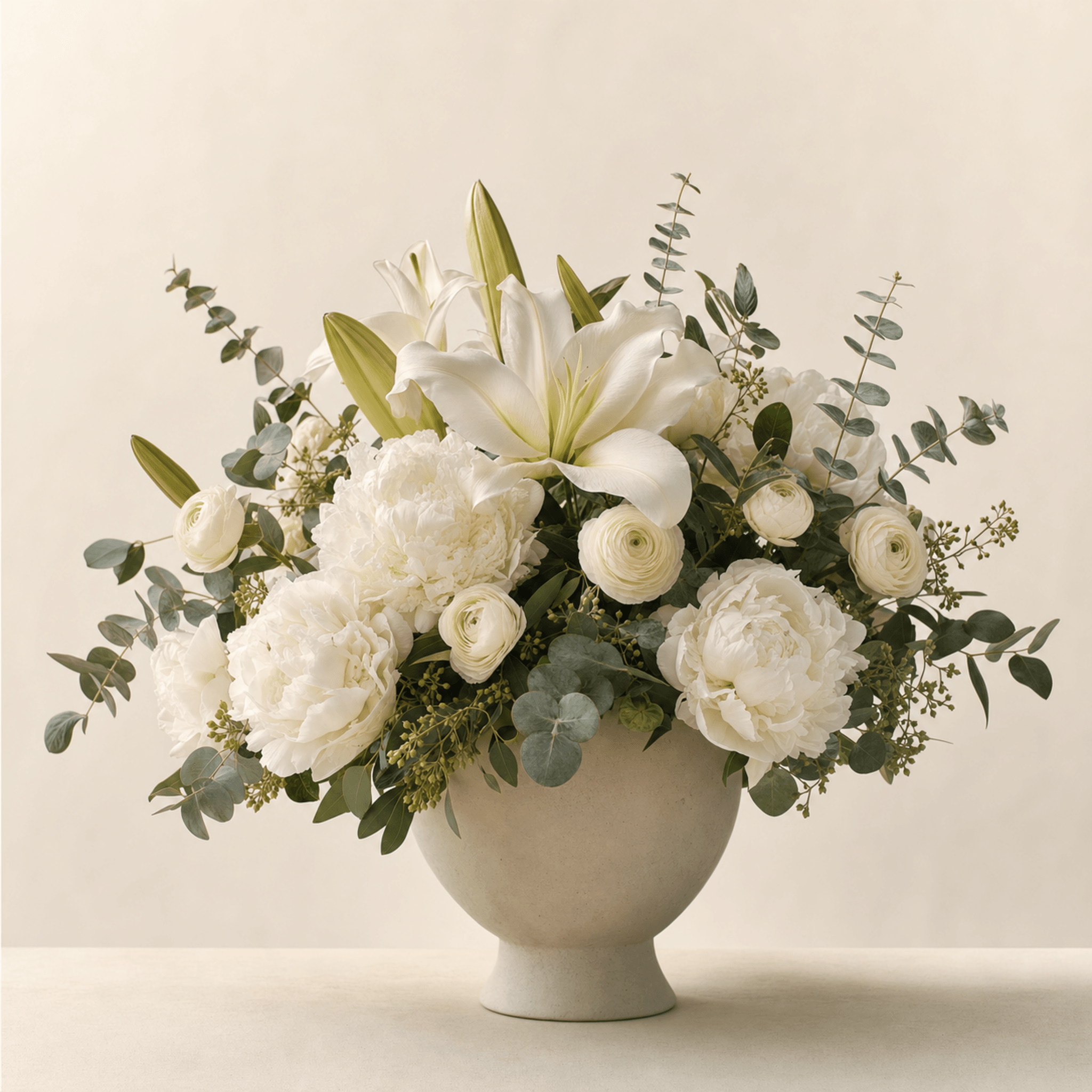 White peonies, ranunculus, and oriental lily with eucalyptus in a wide stone ceramic bowl